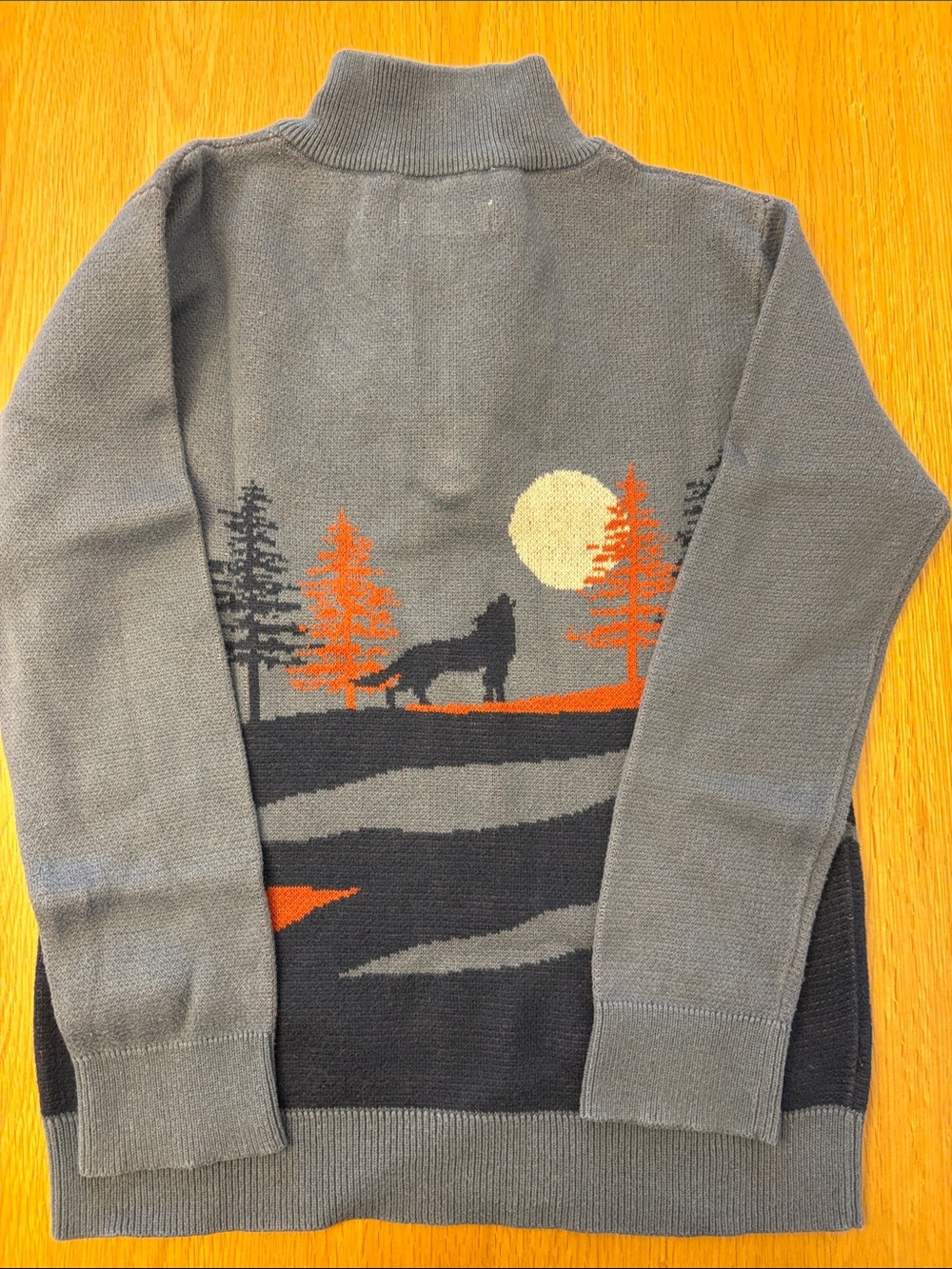 Fat Face Boys Blue/Gray Zip-Up Sweater with Wolf and Forest Motif - size 6/7 - Picture 7 of 8